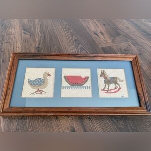Vintage 1985 Framed Cross Stitch Wall Art with Duck, Watermelon, and Horse